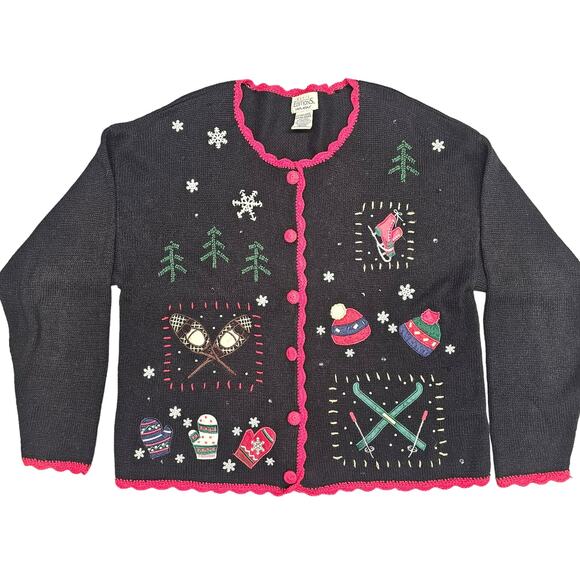 Vintage Holiday Sweater Womens Size XL Black Ugly Christmas Sweater Skis Mittens - Picture 1 of 5